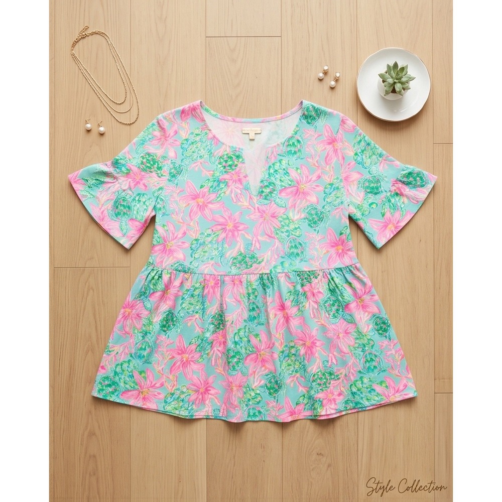 Lilly Pulitzer Jodee Top Surf Blue So Shellegant Sea Turtle Floral Peplum Small